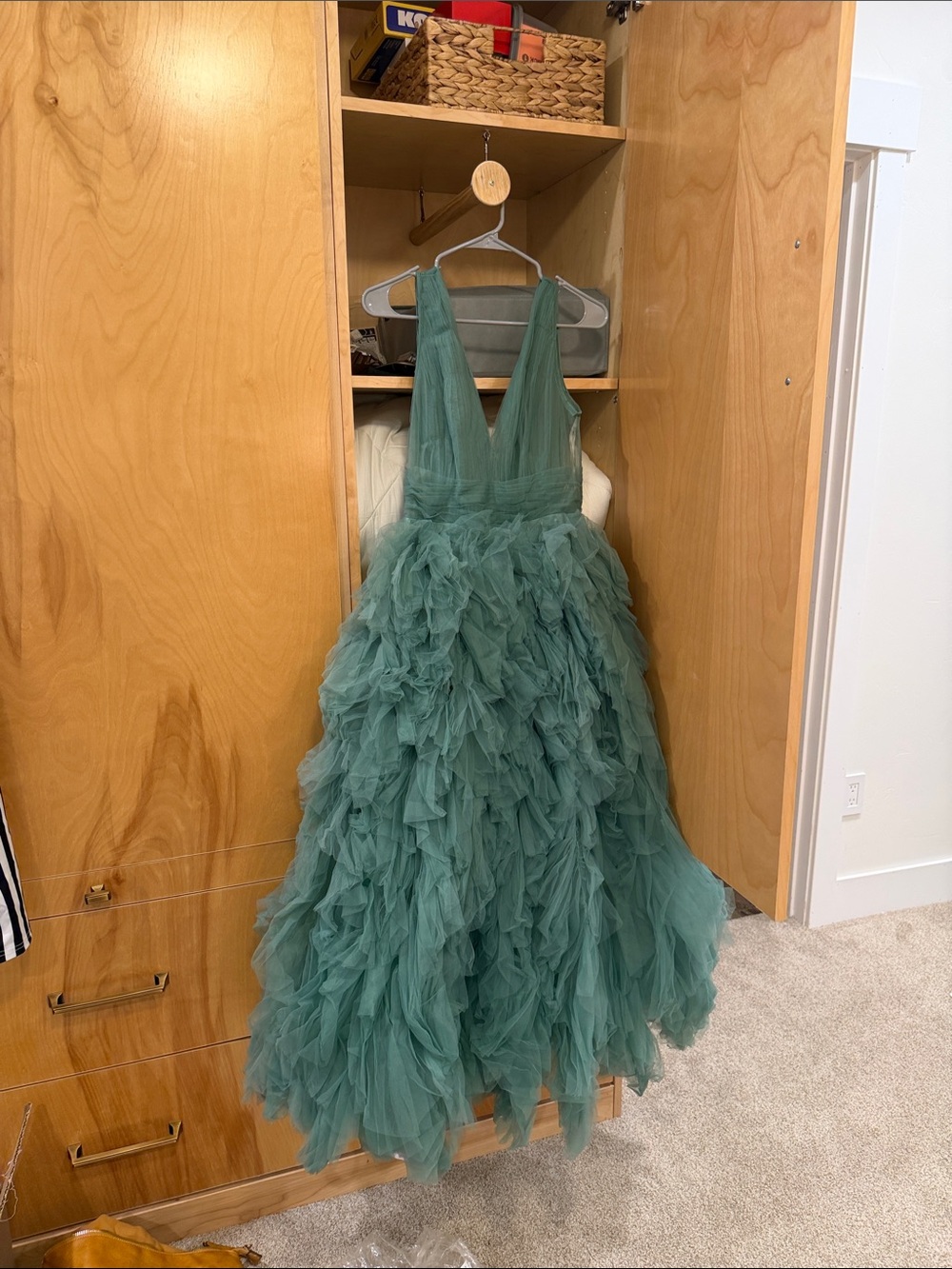 Mac Duggal Teal Layered Tulle V-Neck Midi Dress